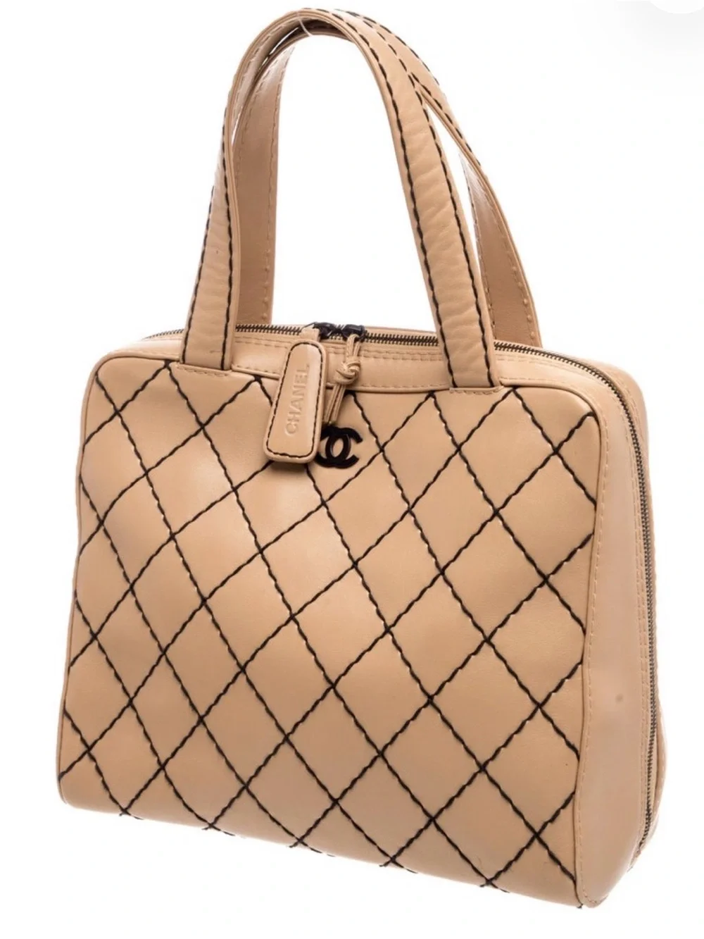CHANEL Surpique Tan Leather Top-Handle Bag